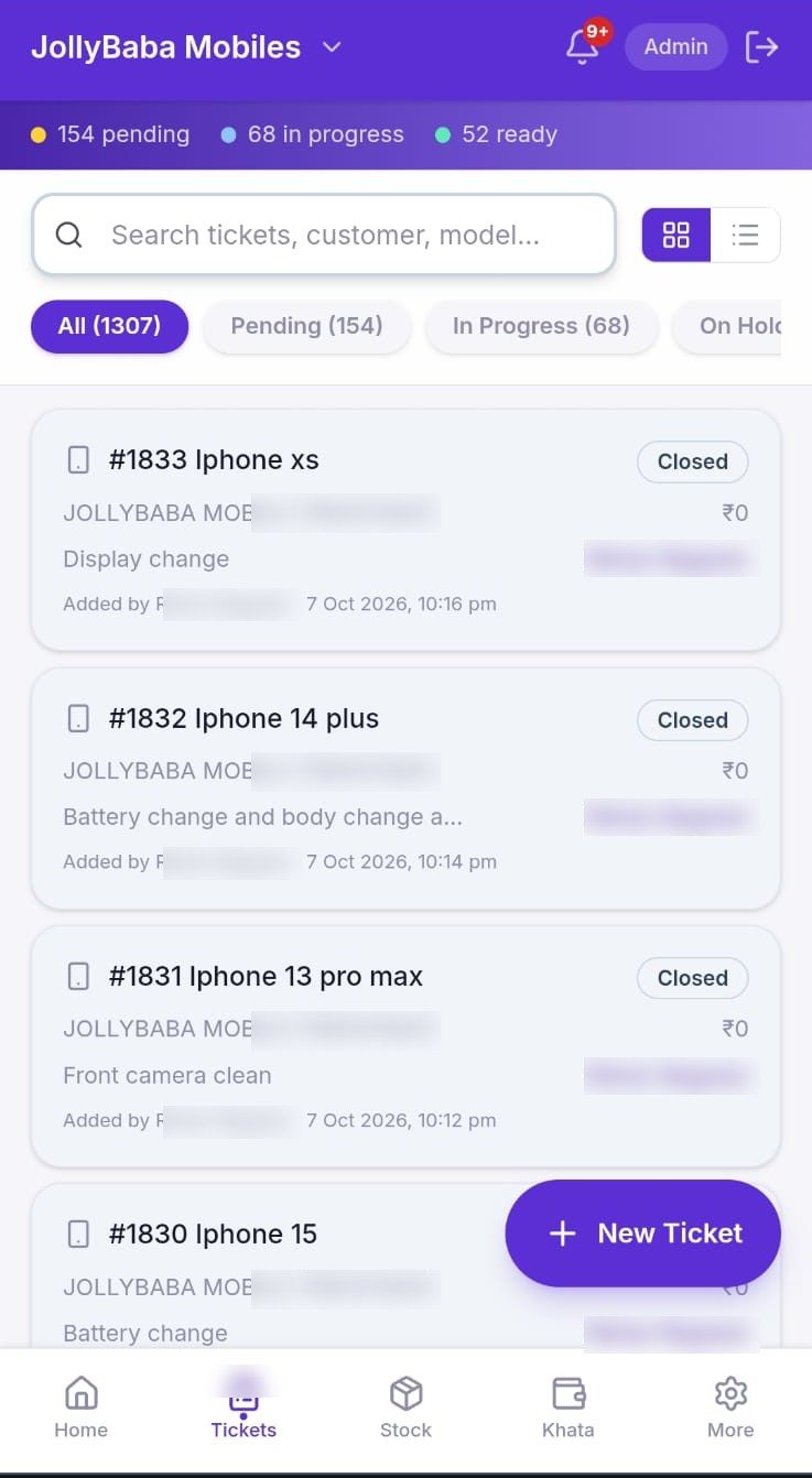 JollyBaba ERP repair tickets screen